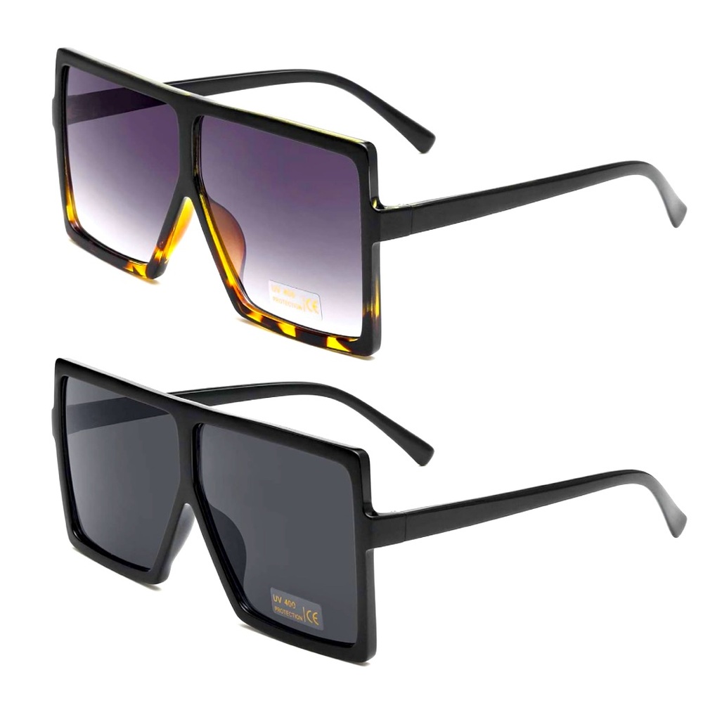 Oversized Square Fashion Sunglasses Shades - 2 Pair - Black & Brown Tortoise